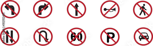Road Safety Sign Collection: A compilation of essential road safety signs, each conveying clear instructions. These circular signs with red borders and black symbols inside.