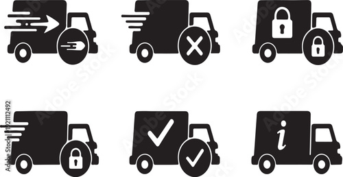 Black and white delivery truck with various symbols transportation logistics