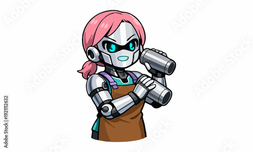 Futuristic chibi robot bartender shaking cocktail cartoon illustration
