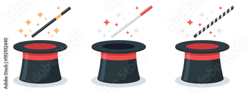 Magic wand and top hat illustration set representing enchanting magical illusions, wizard performance themes