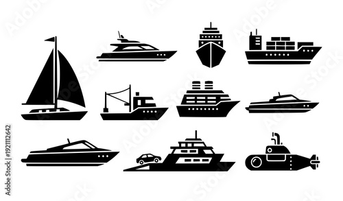 Boat and ship solid icon collection vector illustration