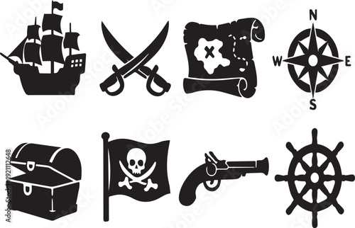 Isolated vector illustration set of black nautical and pirate icons featuring a ship anchor, compass, and captain wheel symbols for marine travel sign design