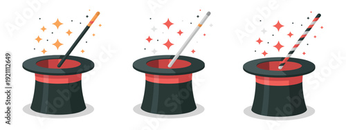 Magic wand and top hat enchanting illustrations of magical illusions featuring fantasy elements, stage performance symbols, mystery concepts, and modern vector artwork