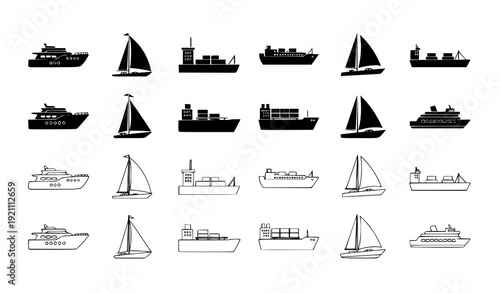 Maritime boat and ship icon pack solid and outline vector