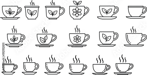 Tea Cup Icon Set Vector, Line Art Coffee Mug Collection with Steam, Minimal Outline Teacup Illustrations Isolated on White Background