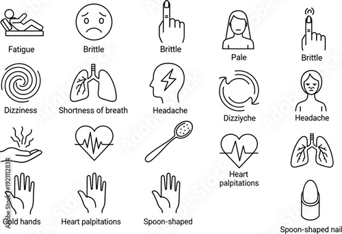 Medical infographic icons set showing anemia symptoms like fatigue dizziness headache shortness of breath heart palpitations and brittle spoon shaped nails