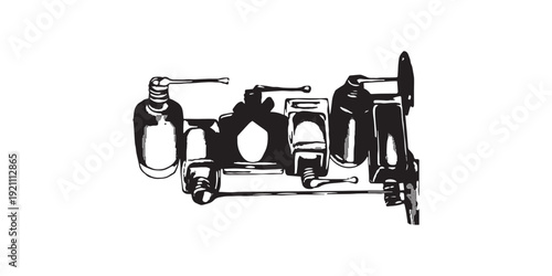 Illustration of various industrial valves and pipes in black and white.