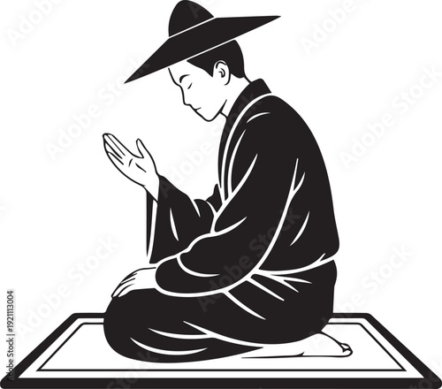 Black and white silhouette of person in traditional attire kneeling on mat with hat and robe symbolizing meditation and spirituality