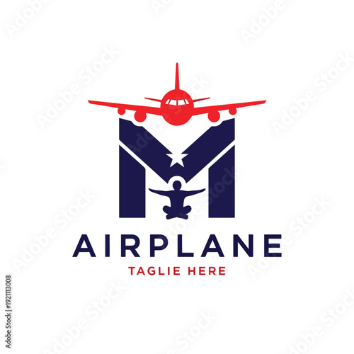 Creative airplane travel logo with initial M and tranquil figure, modern aviation vector design