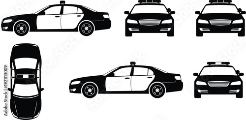 Police car vector illustration set, patrol vehicle front side top views, law enforcement automobile outline design