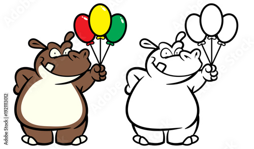 Cute Hippo Cartoon Character Holding Colorful Floating Balloons. Kawaii Hippopotamus Vector Illustration for Kids Birthday Mascot, Stickers, and Preschool Education