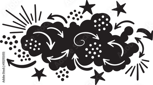 Comic Speech Bubble with Arrows and Stars in Dynamic Black and White Illustration for Cartoon Design