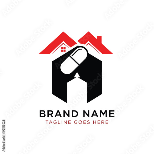 Home healthcare logo with house and medicine capsule icon for medical services illustration