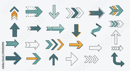 Assortment of direction arrows in various shapes and designs on white