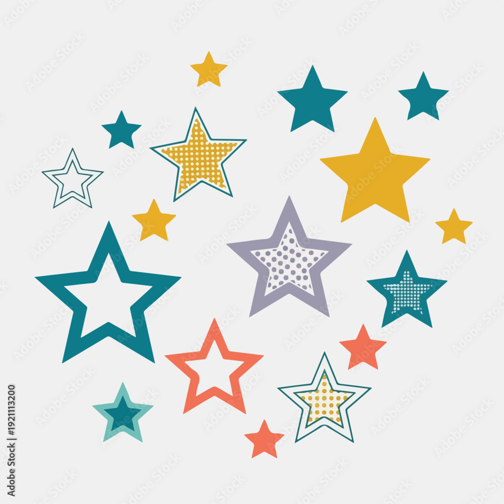 Fototapeta premium Assortment of diverse stars in varying shapes, sizes, and colors on a white backdrop