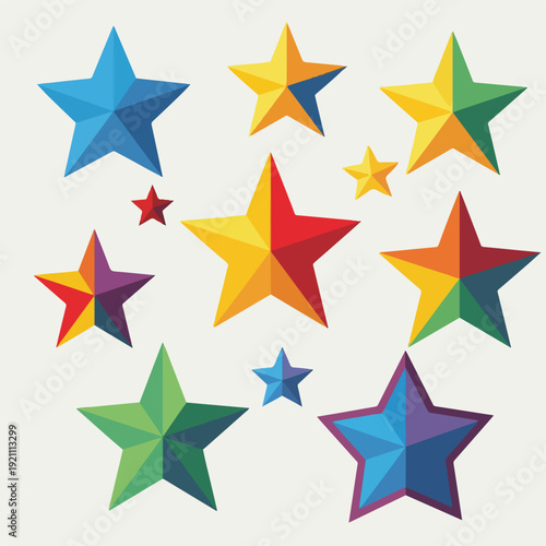 Assortment of multi-colored stars arranged on a plain, light-colored backdrop