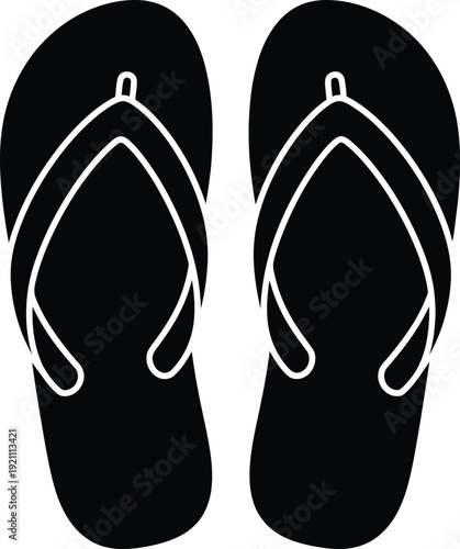 A pair of black flip flops with white outlines on a plain white background