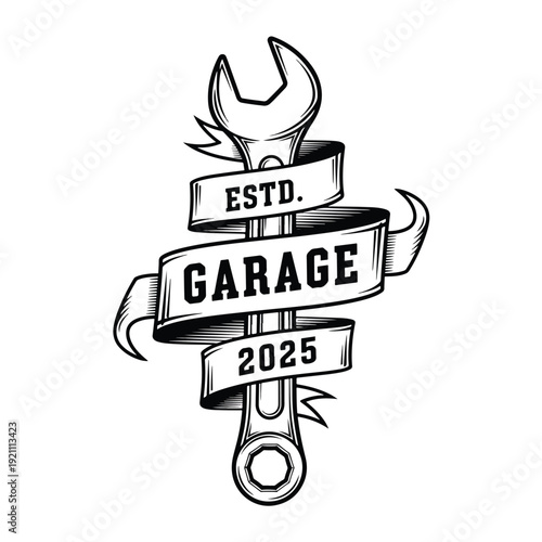 Retro-inspired garage repair service establishment with wrench and banner vector graphic