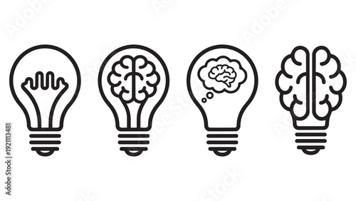 Outline Lightbulb and Brain Icons Set: Visualizing Creative Ideas, Innovation, and Intellectual Processes for Business and Education