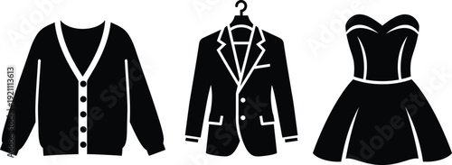 Black and white fashion illustration of three pieces of clothing