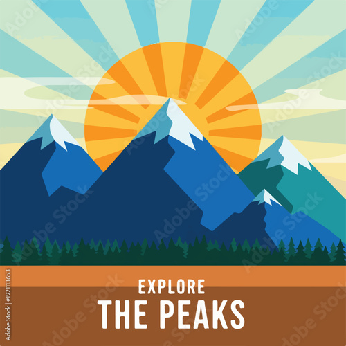 Bold mountain illustration with sunrise and text