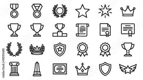 Comprehensive Set of Outline Icons for Awards, Achievements, and Recognition: Featuring Trophies, Medals, Stars, Crowns, and Diplomas