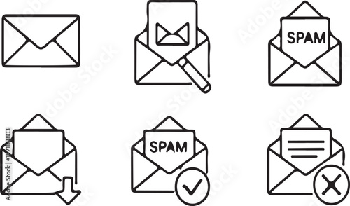 Black and white line of six envelope representing email spam filtering line black and white