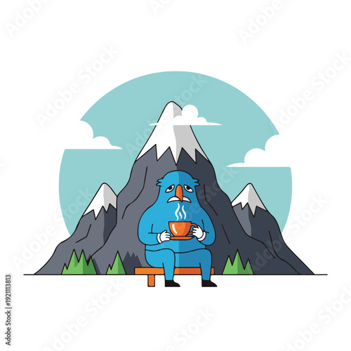 Cartoon creature sitting with coffee, sad with mountains in the background