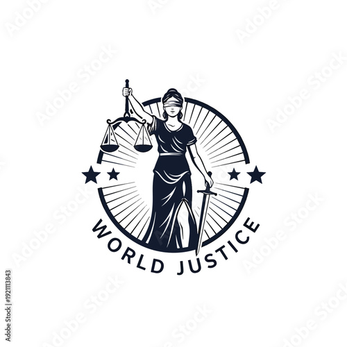 Global Justice Emblem: Symbolic Blindfolded Figure Holding Scales and Sword Illustration