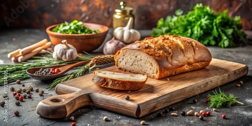 Artisan Bread Loaf Sliced on Rustic Wooden Board with Herbs and Spices