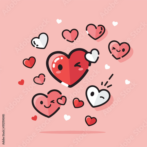 Cartoon hearts of various sizes and shades on a pink backdrop