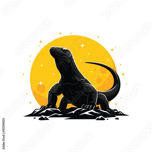 Intimidating Reptile Silhouette on Rocks Under a Glowing Celestial Body Vector Art