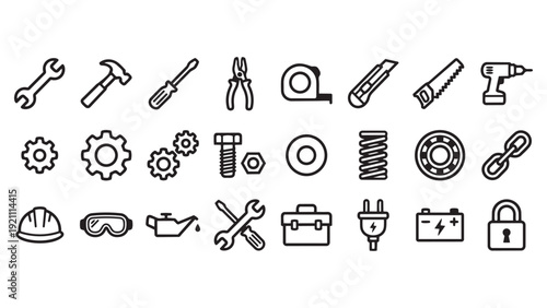 Diverse Collection of Outline Industrial and Repair Tool Icons: Wrench, Hammer, Drill, Gears, Safety Gear, and Workshop Equipment.