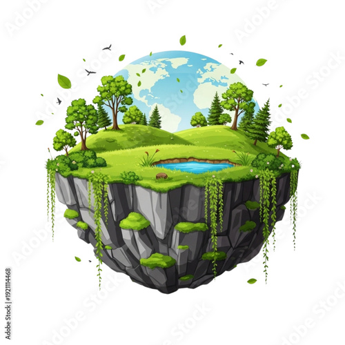 Floating Green Island with Forest and Earth Background