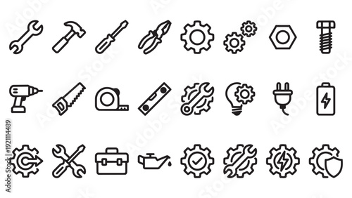 Comprehensive Set of Outline Tool Icons: Wrench, Hammer, Screwdriver, Pliers, Gears, Drill, Saw, Toolbox, and More. Engineering and Repair Symbols.