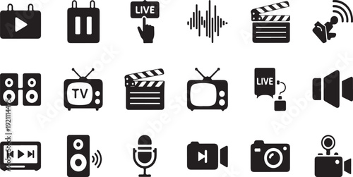 Black and white production on white background clapperboard microphone