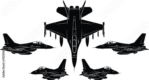 Military fighter jet silhouette set, modern combat aircraft black vector illustration isolated with front and side view collection