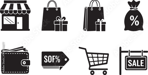 Black and white shopping including storefront wallet sale signs shopping black and white