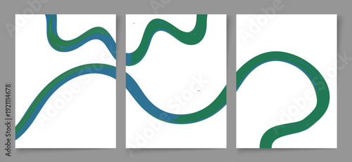 A captivating triptych vector illustration showcasing abstract, fluid, thick brushstroke graphic lines, dynamically rendered in a vibrant blend of blue and green hues.