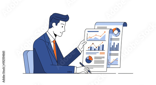 Businessman Analyzing Financial Reports and Charts