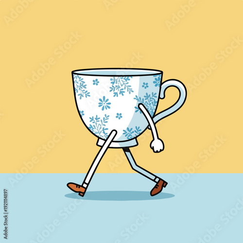 Cartoon teacup with arms and legs walking forward on blue and yellow background