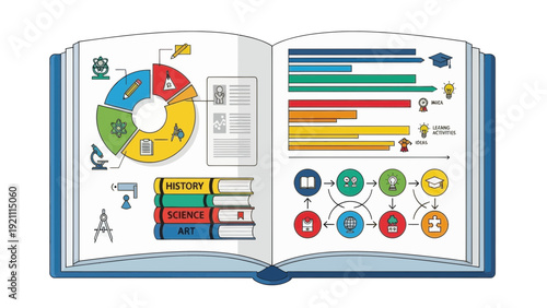 Open Book With Educational Infographics And Learning Symbols