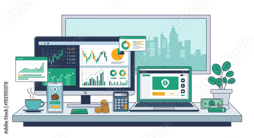 Financial Analysis Desk Setup: Computers, Charts, Graphs, and City Skyline