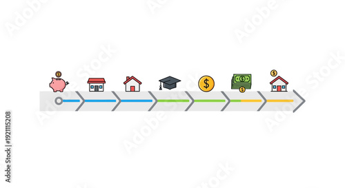 Financial Planning Timeline: Piggy Bank, Houses, Graduation, Money