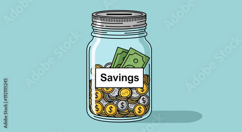 Glass Jar Filled with Coins and Banknotes Labeled "Savings" on Blue Background