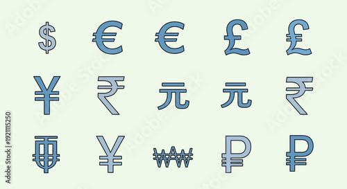 Global Currency Symbols Collection: Dollar, Euro, Pound, Yen, Rupee, Yuan, Won, Ruble