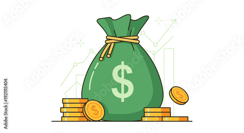 Green money bag with dollar sign, gold coins, and financial charts background.