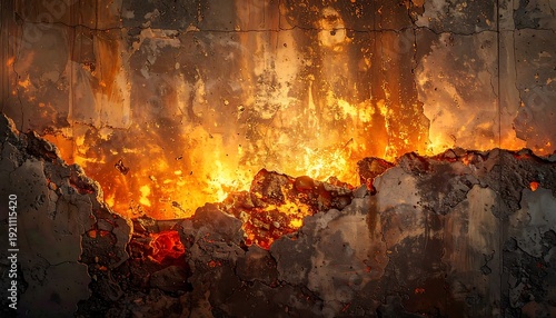 A raw, cracked, aged wall is ablaze with molten heat, casting orange and yellow light, and showing its fiery innards