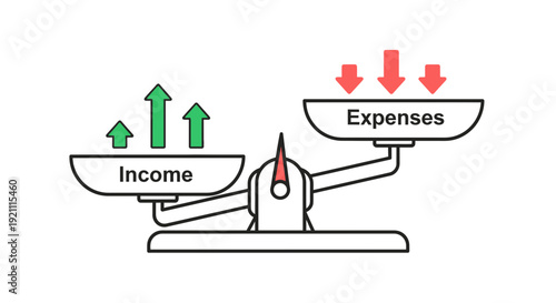 Income vs Expenses Balance Scale with Up and Down Arrows