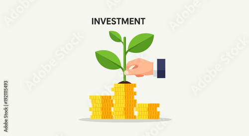 Investment Growth: Hand Planting Seedling on Stack of Coins, Financial Concept